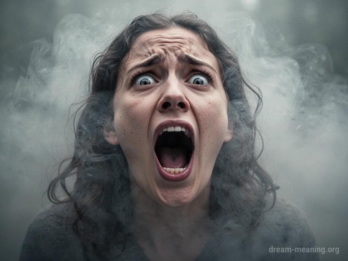 A person silently screaming with their mouth open, engulfed in thick fog.