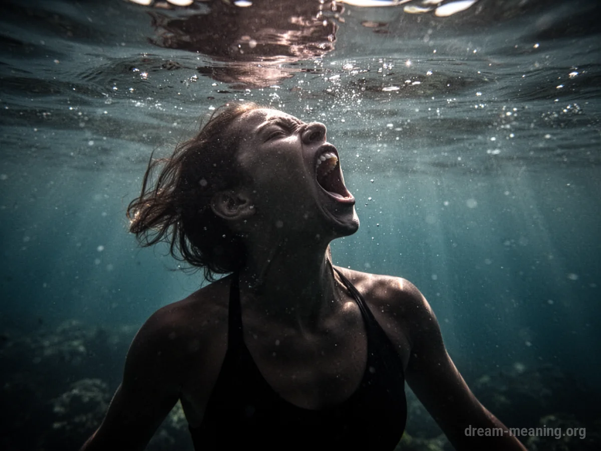 Silhouette of a person underwater with their mouth open.