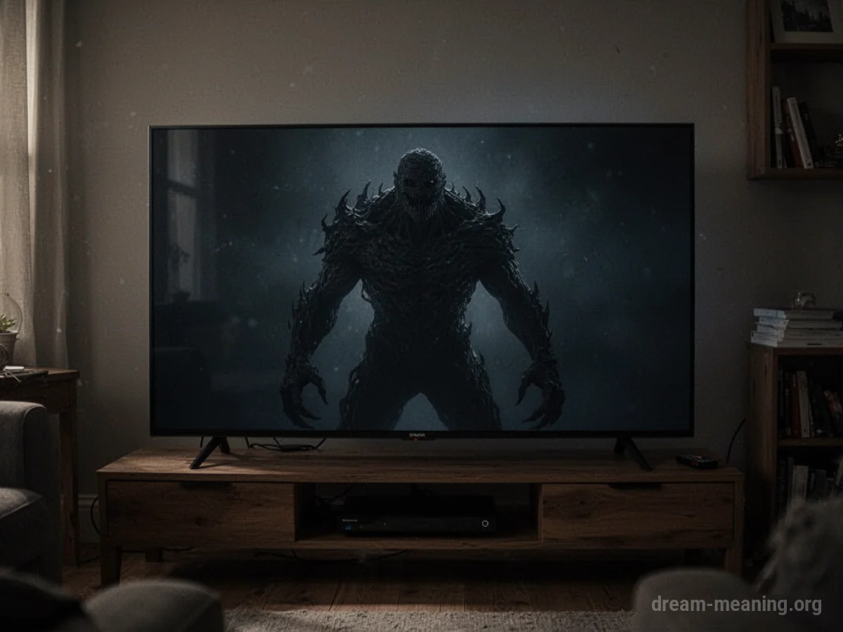 A shadowy monster figure is visible on a television screen.