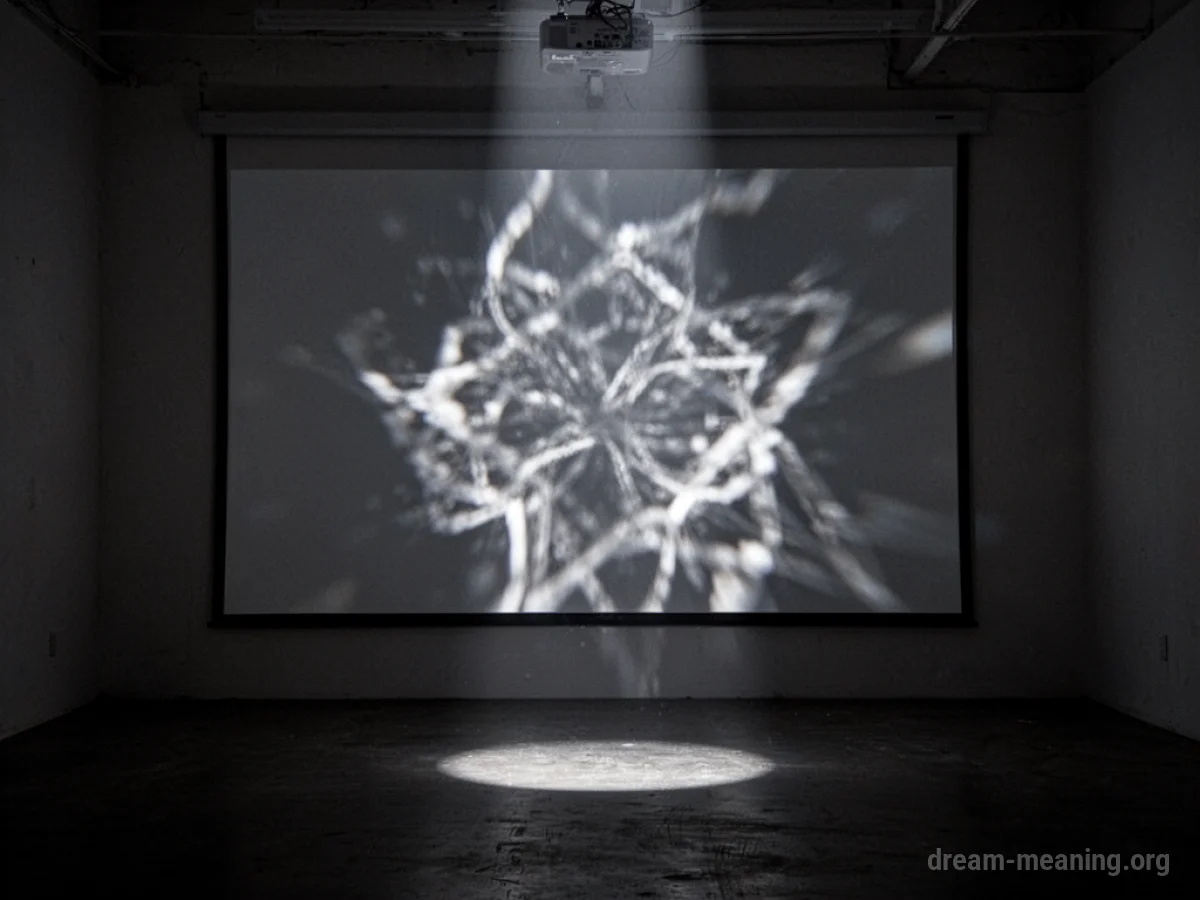 A beam of light projects a pattern onto a large, dark screen.