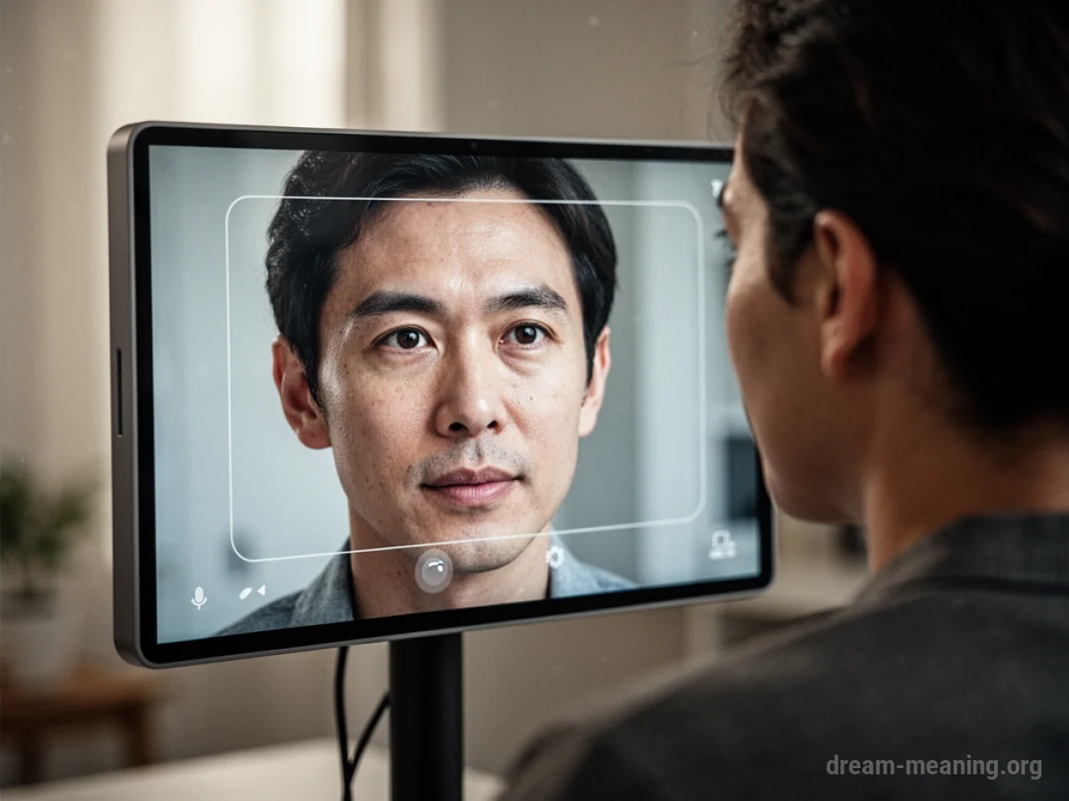 A person's face is visible on a digital screen.
