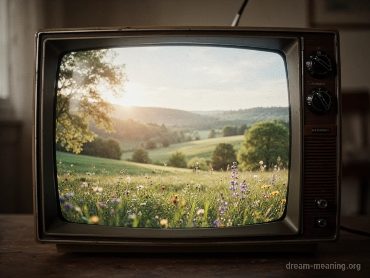 A television screen displaying a pastoral scene.