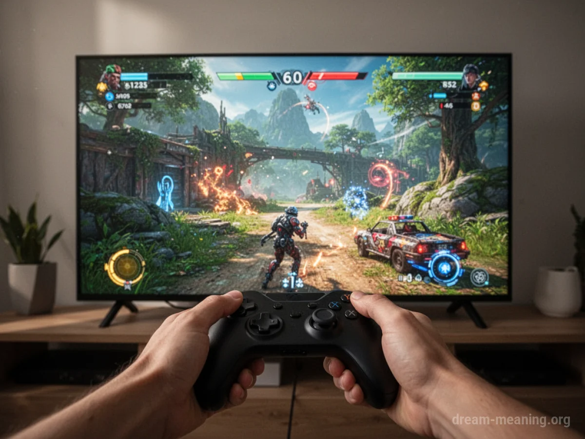 A close-up view of a television screen displaying a colorful video game, with a hand holding a game controller.