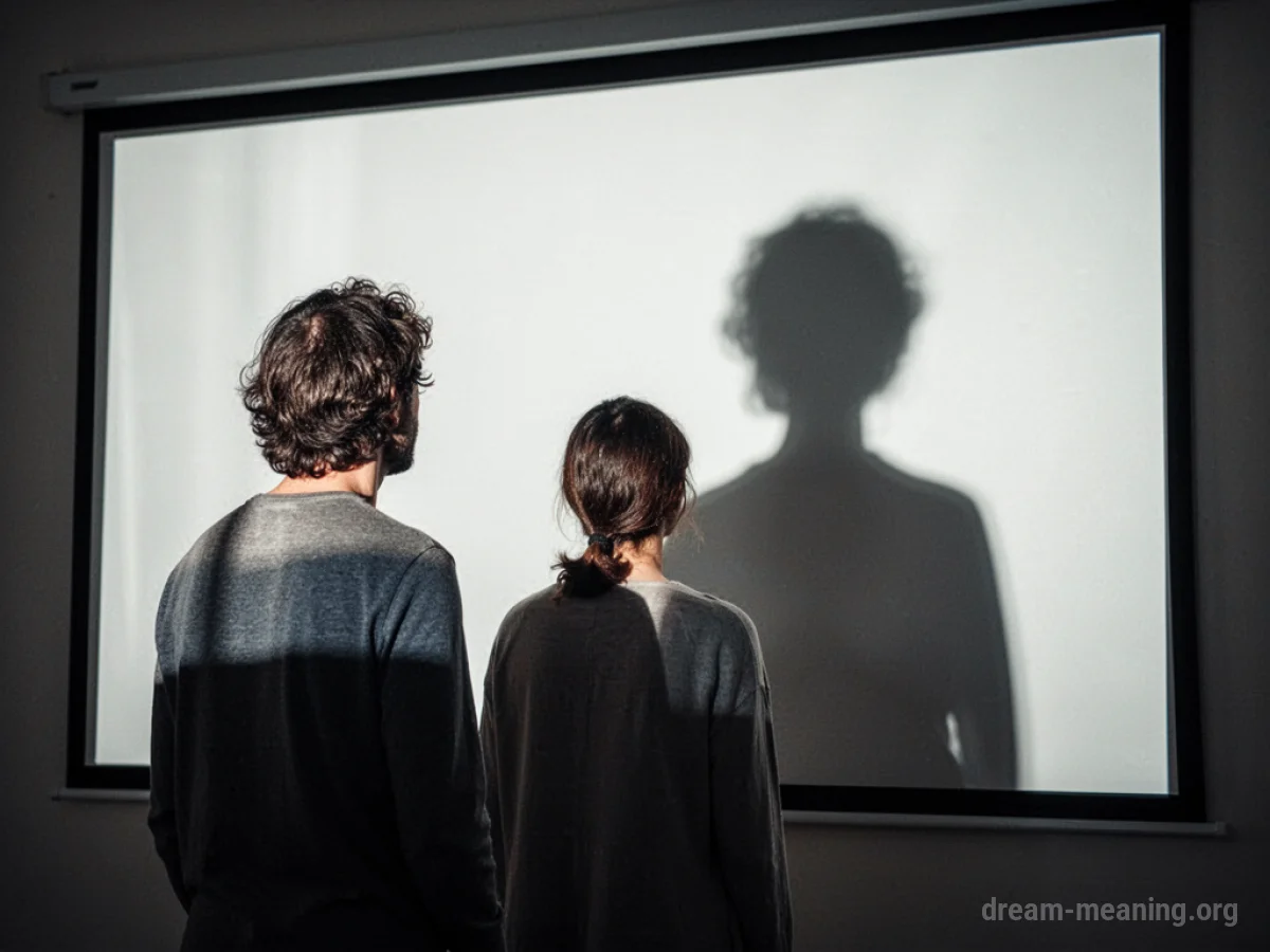 A silhouette of a person is visible on a large, dark screen.