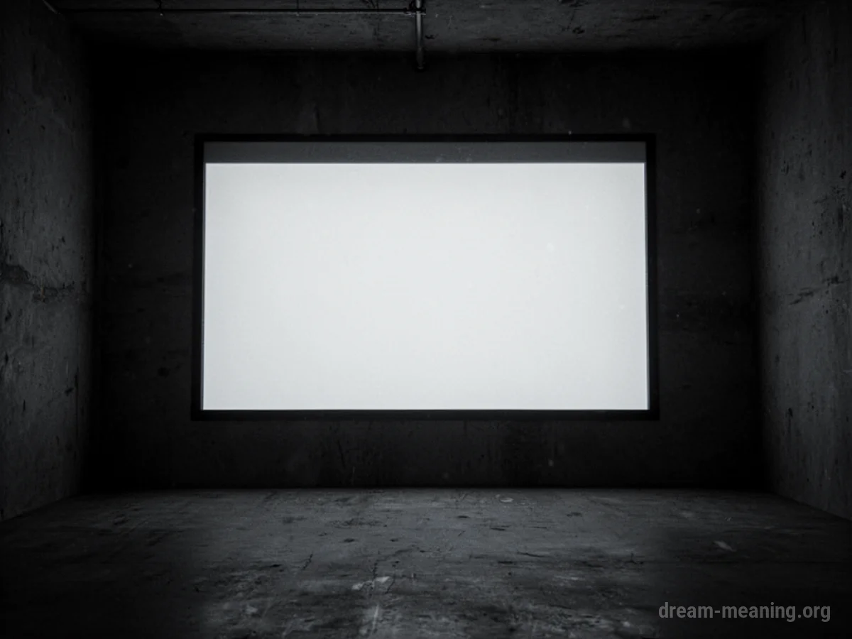 A dark room with a blank screen.