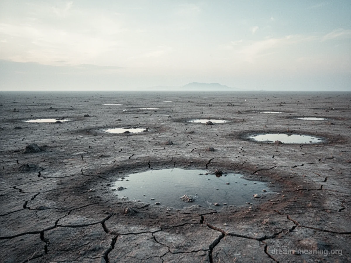 A dry, cracked seabed with small pools of water under a muted sky.