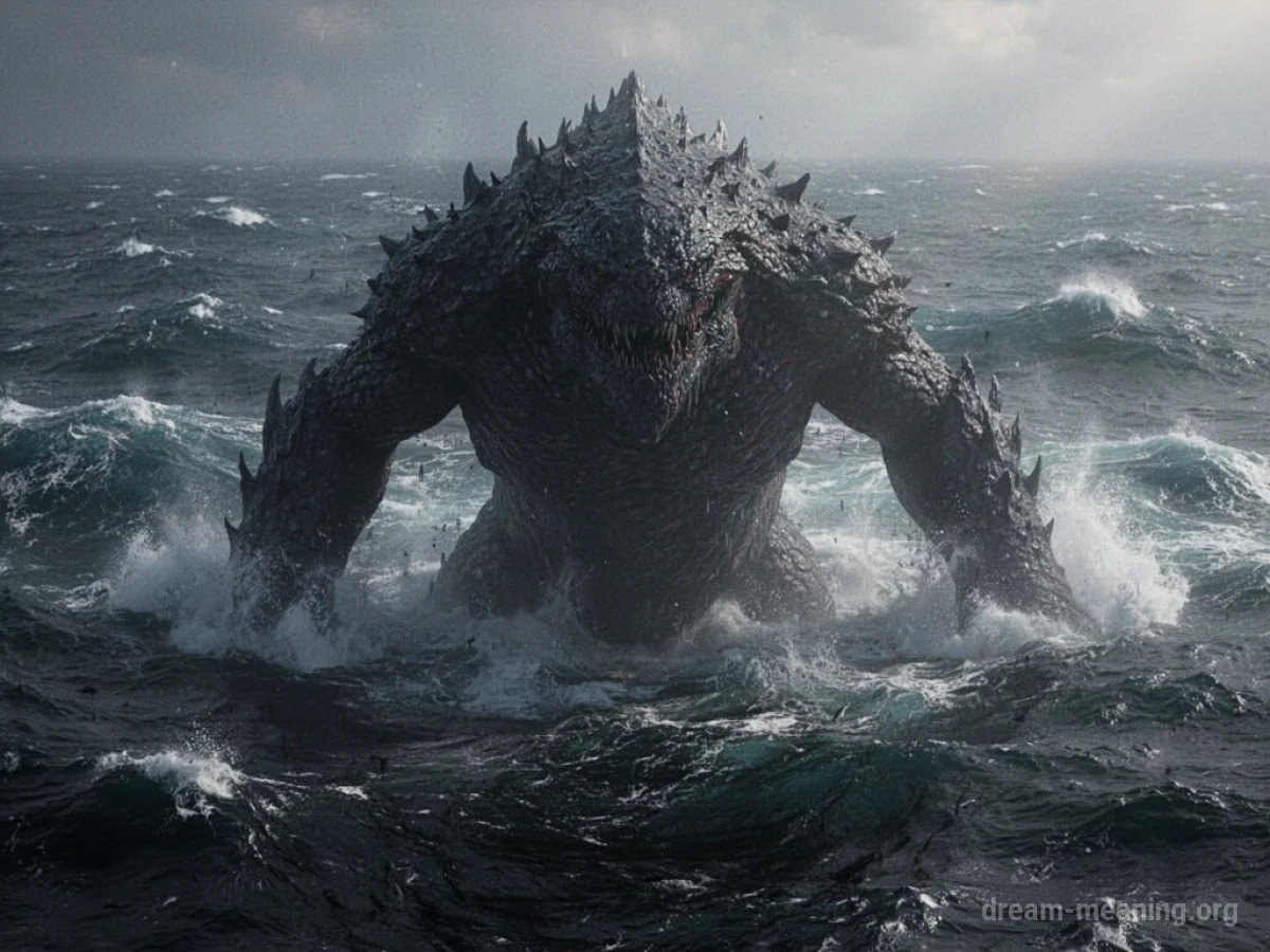 A large, indistinct creature's silhouette rising from dark, choppy water.