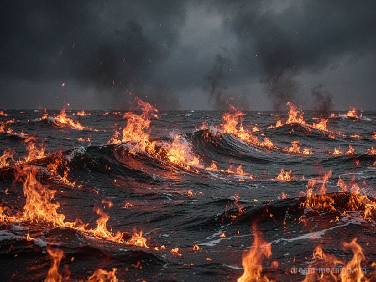 Waves of fire in an ocean under a smoky sky.