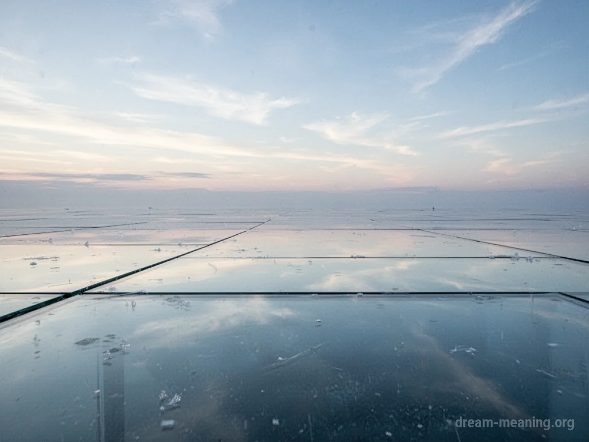 A flat, unbroken surface of clear glass under a pale sky.