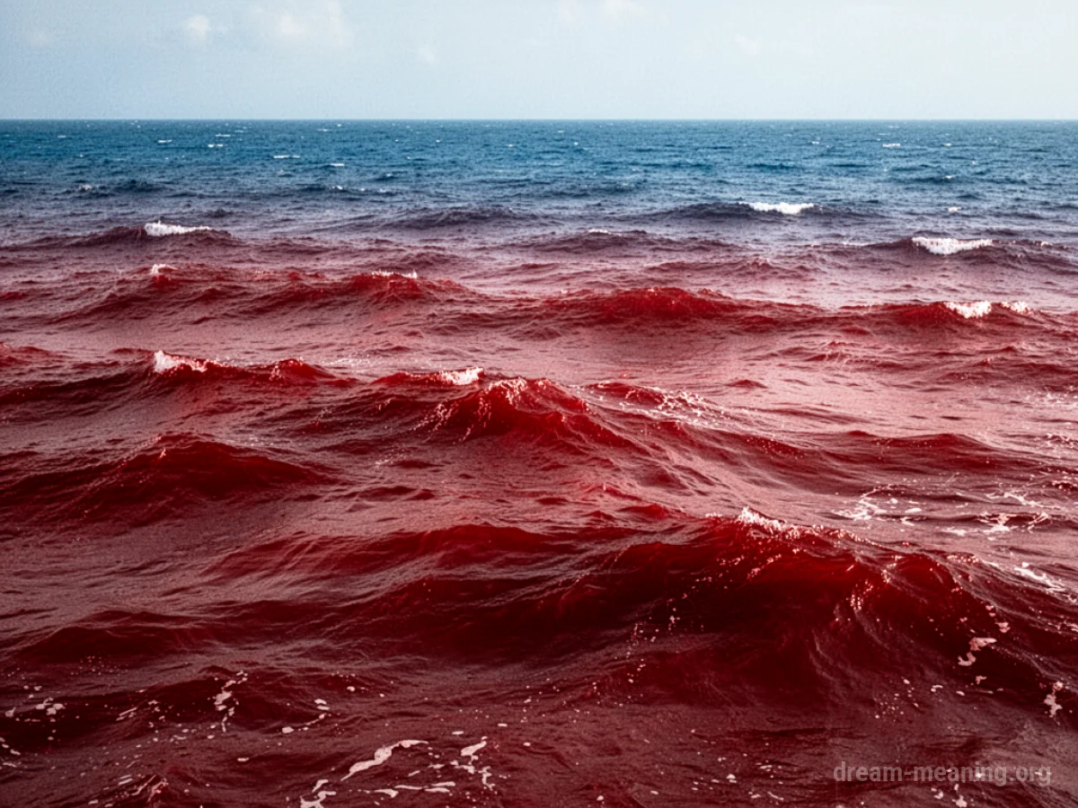 Ocean waves colored a deep red under a cloudy sky.