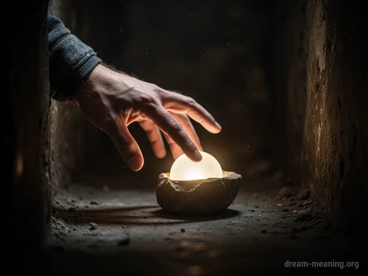 A hand reaching into a dark space towards a bright light.