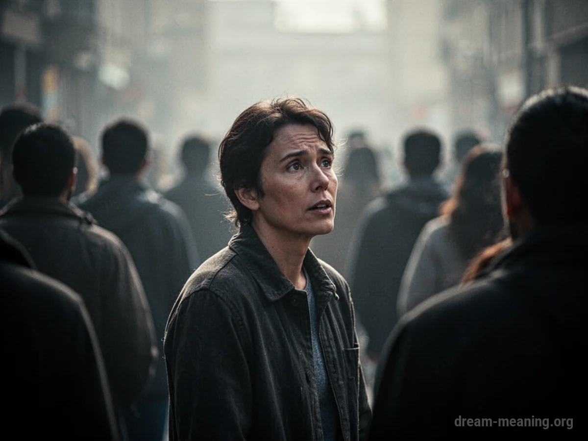 A lone figure looking out into a large, indistinct group of people.