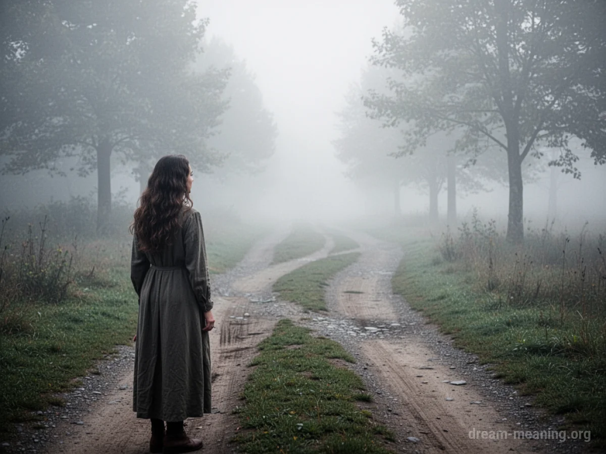 A woman standing at a fork in a foggy road.