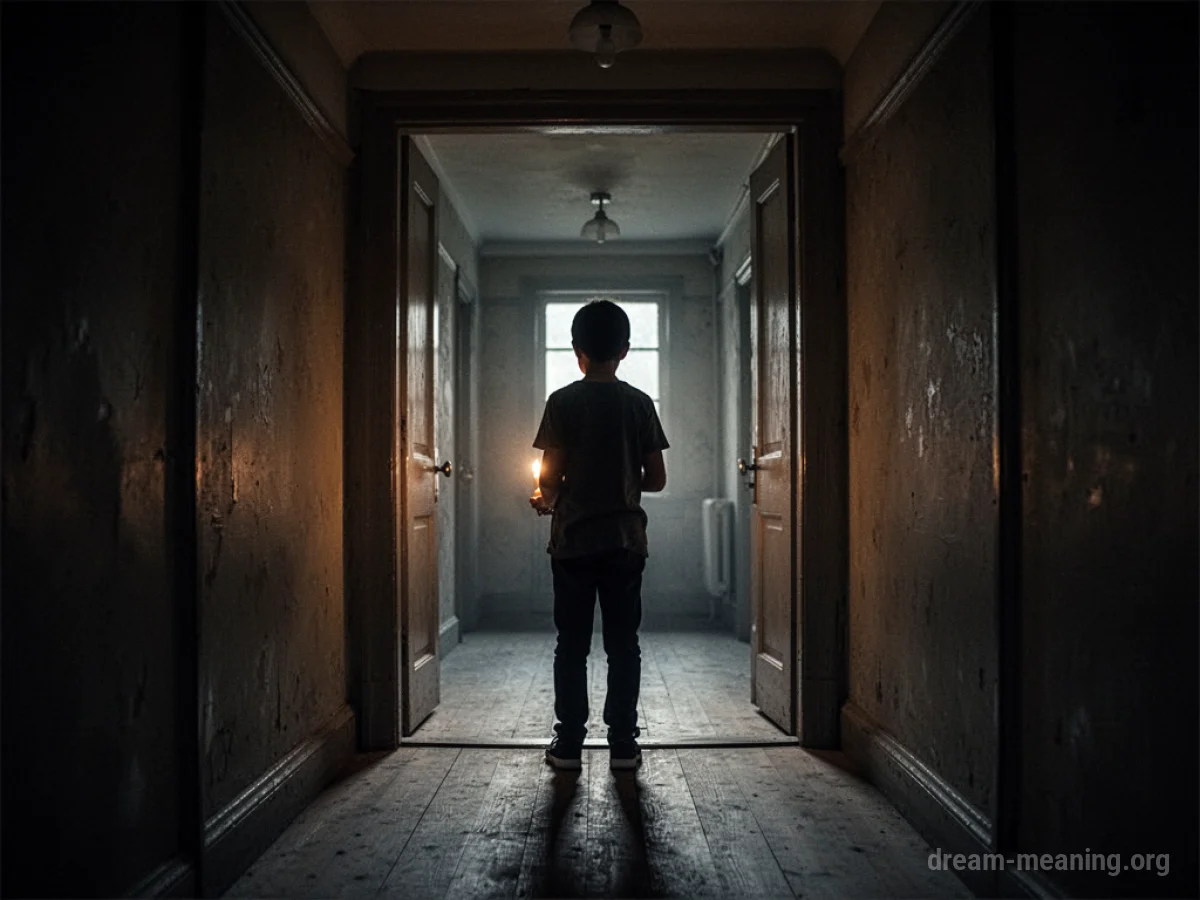 Silhouette of a person at the mouth of a dark hallway holding a small light.
