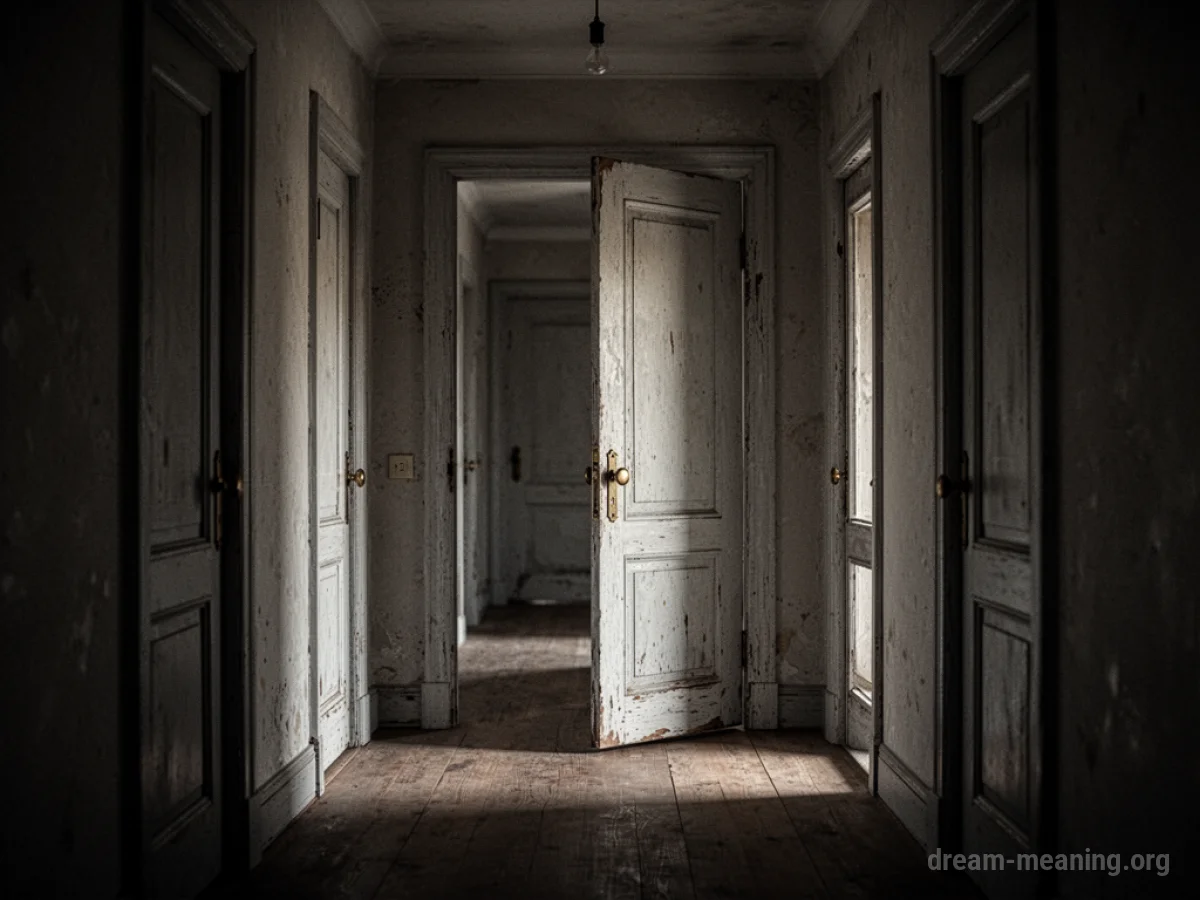 A long, dark corridor with closed doors.