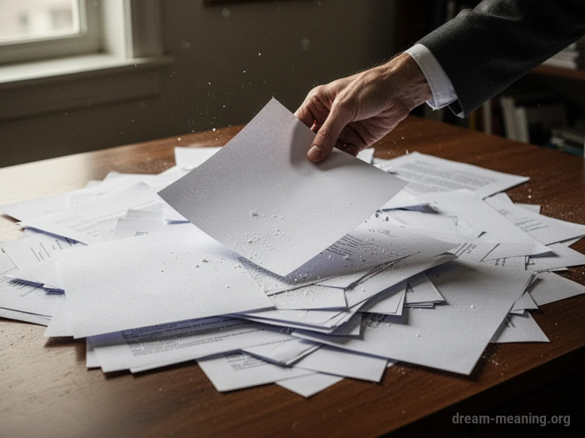A person's hand sorting through a disorganized stack of papers on a desk.