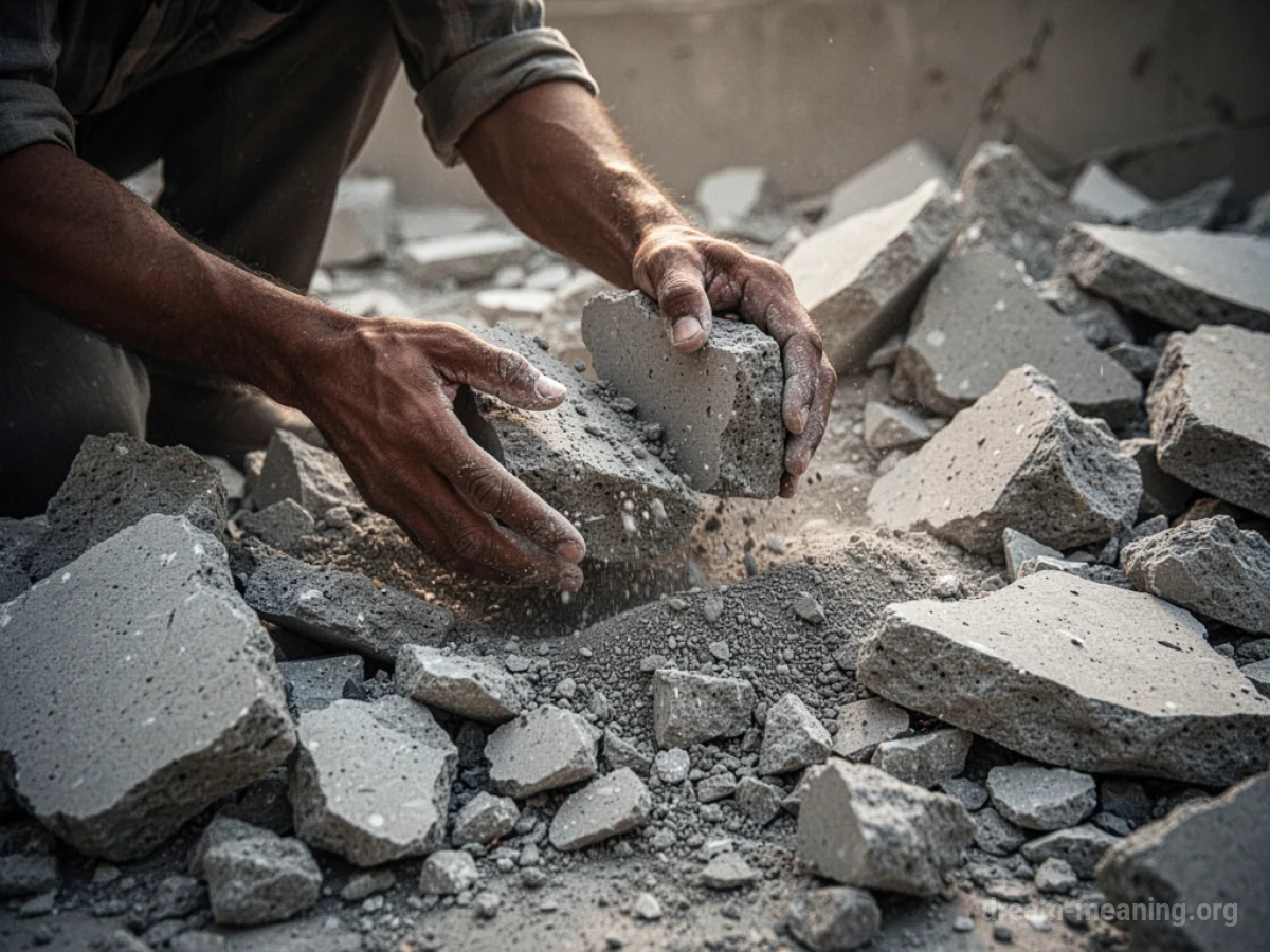 Hands sifting through broken concrete and debris.