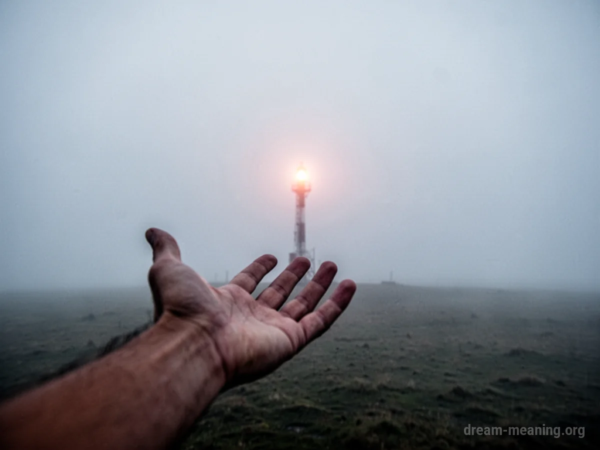 A hand reaching towards a faint light in a fog.