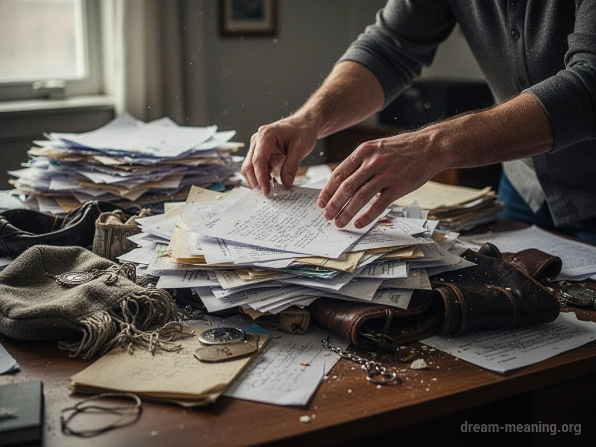 Hands searching through a cluttered desk.