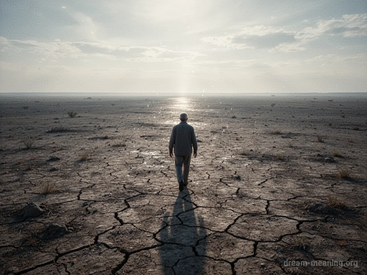 A person walking on dry, cracked earth towards a distant, hazy light.