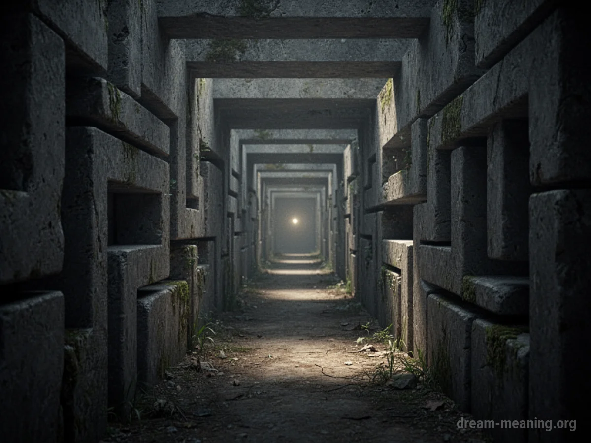 A person walking down a long, dark corridor towards a distant light.