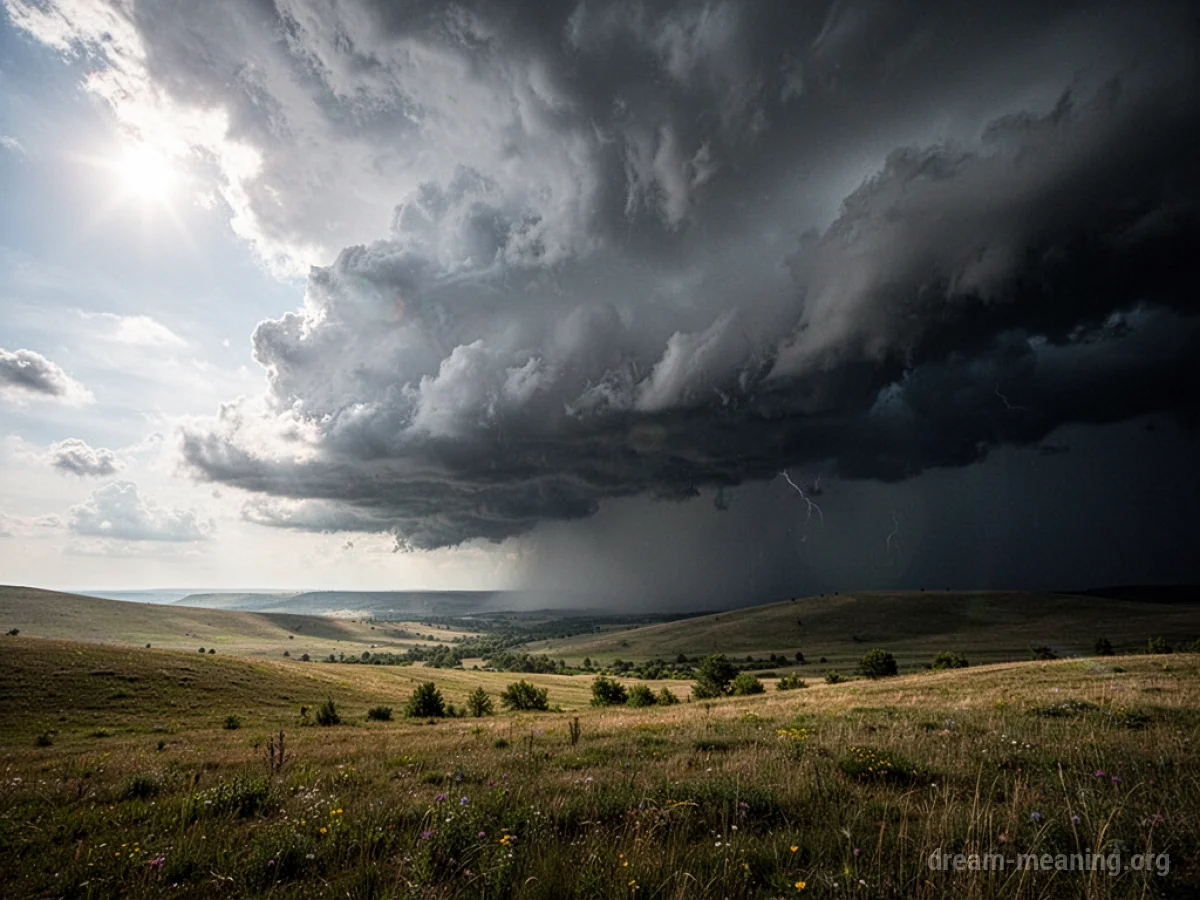 A sky with half bright sun and half dark storm clouds over a landscape.