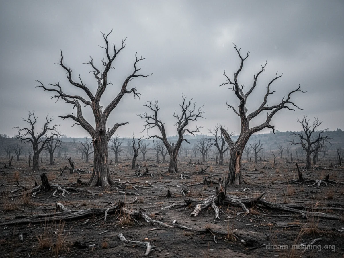 A barren landscape with leafless trees under a cloudy sky.