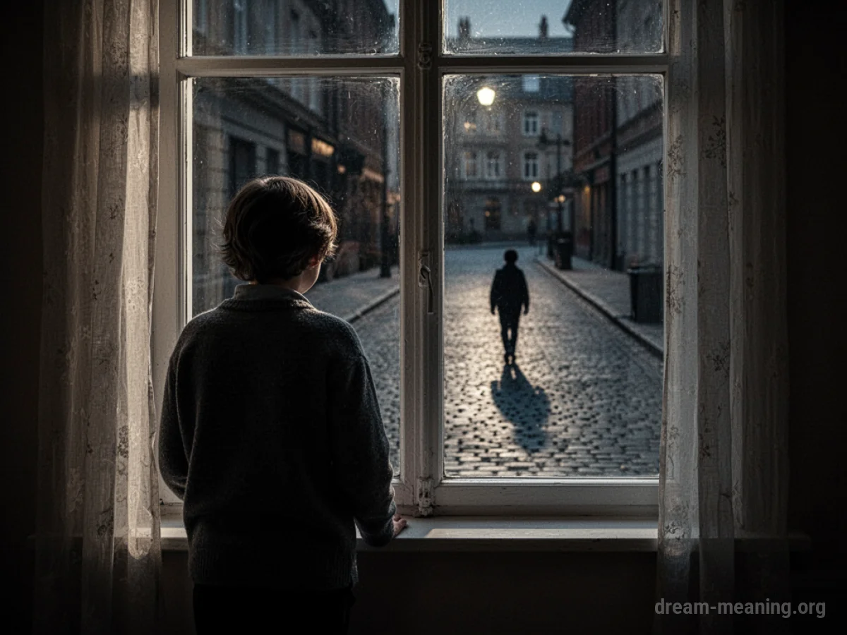 A silhouette of a person looking out a window at a shadowy figure walking away on a street.
