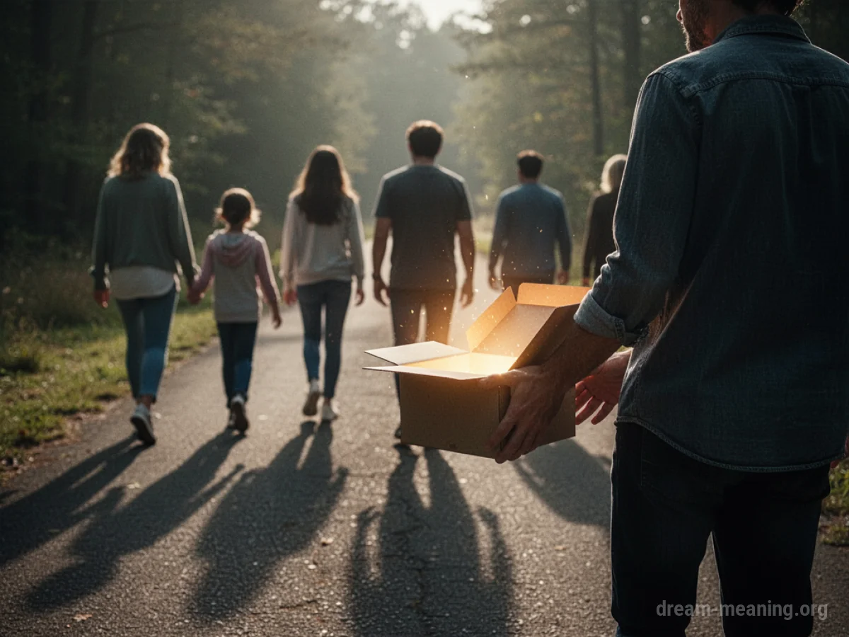 A person stands apart from a group, holding a box emitting light and shadows.