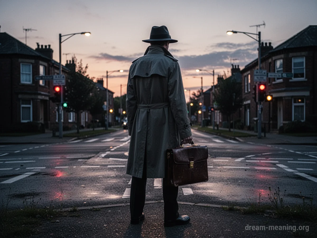 Silhouette of a person in a trench coat and hat at a crossroads.