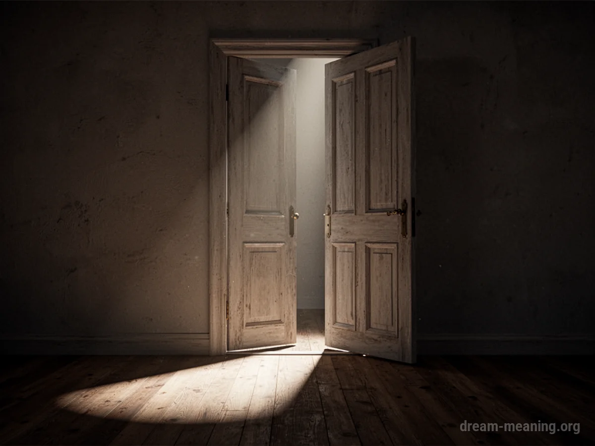 A spotlight shines on a slightly open door.
