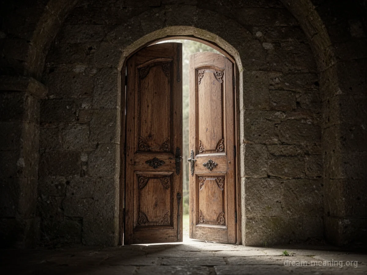 An ornate wooden door slightly open in a stone wall.