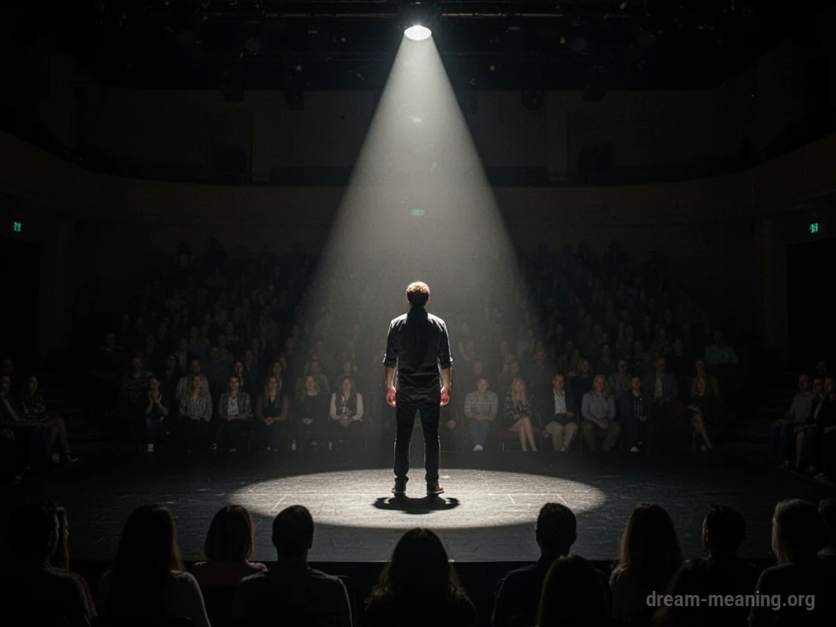 A lone figure illuminated by a spotlight on a dark stage.