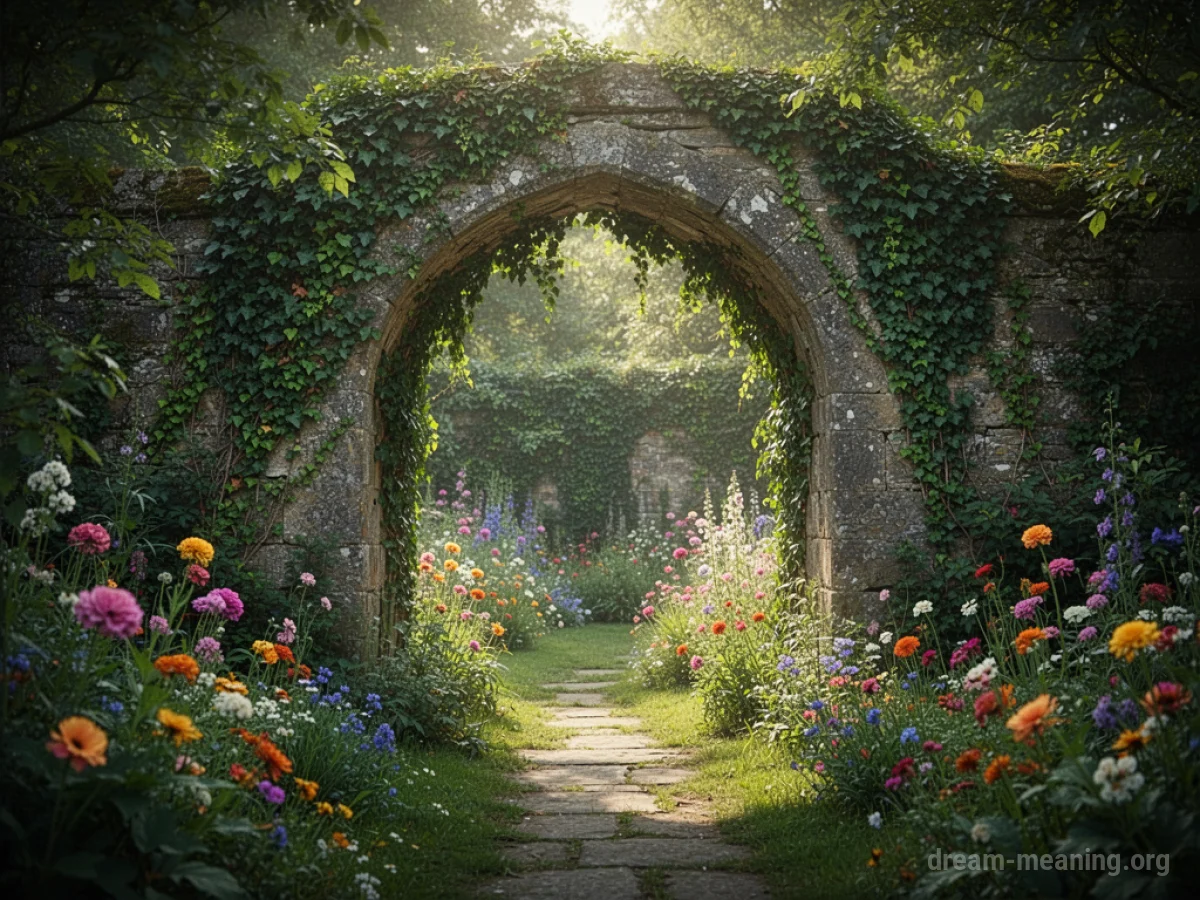 A hidden garden entrance covered in vines with sunlight filtering through.