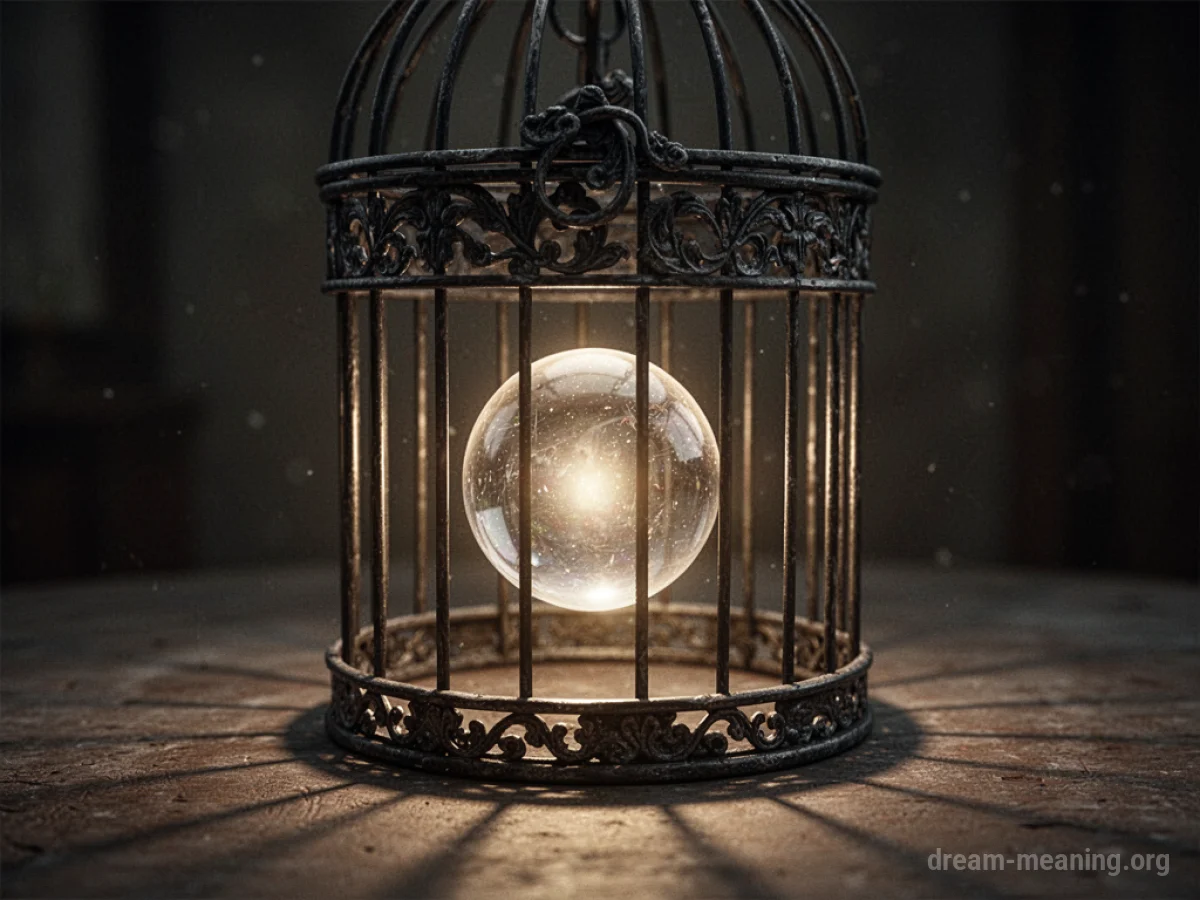 A glowing object trapped inside a dark cage.