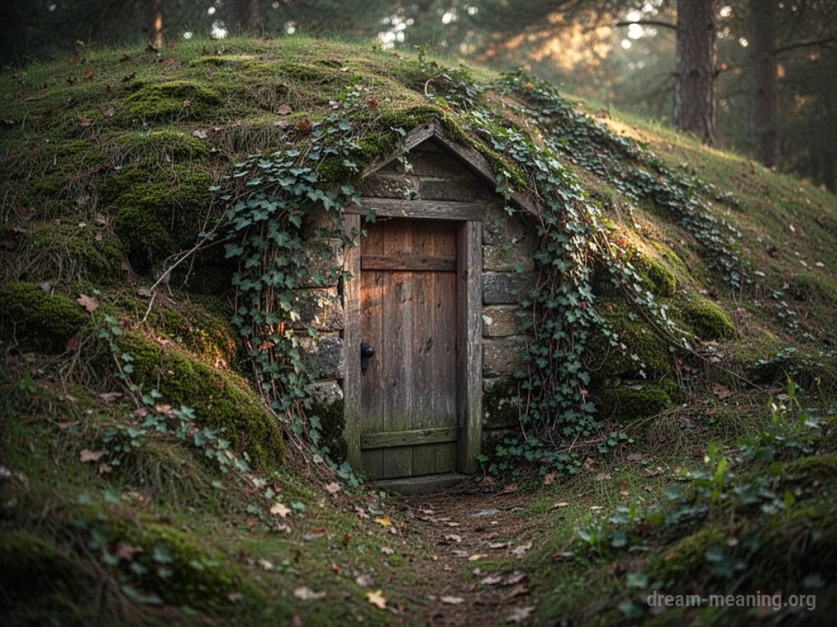 A small wooden door on a hillside covered in vines.
