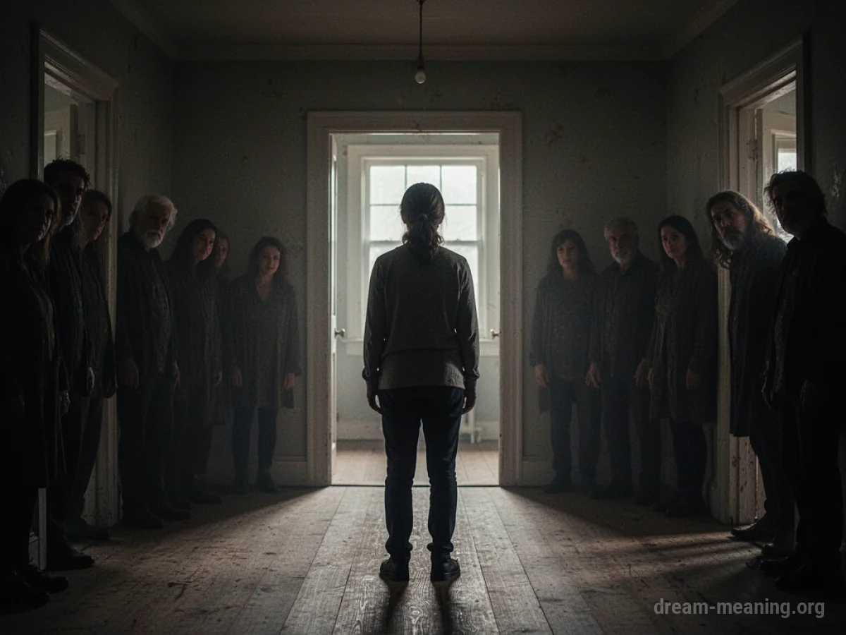 A person stands alone in a dark room with many indistinct figures watching from doorways.