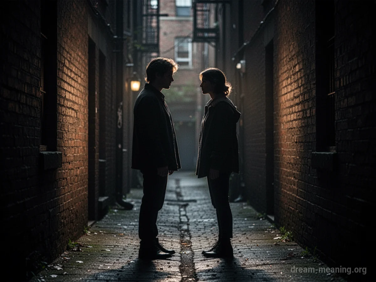 Silhouettes of two people meeting in a shadowy alley.