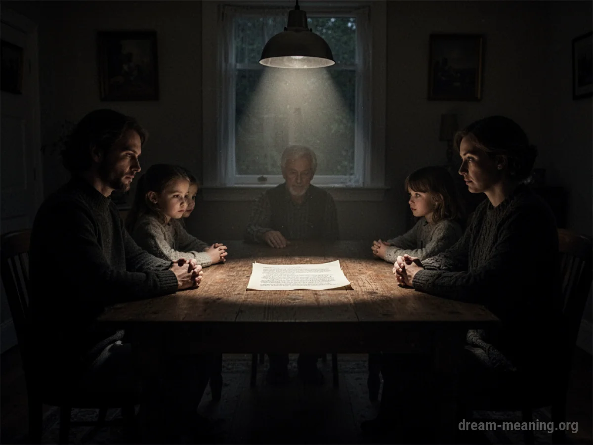 Silhouettes of people gathered around a table in a dark room.