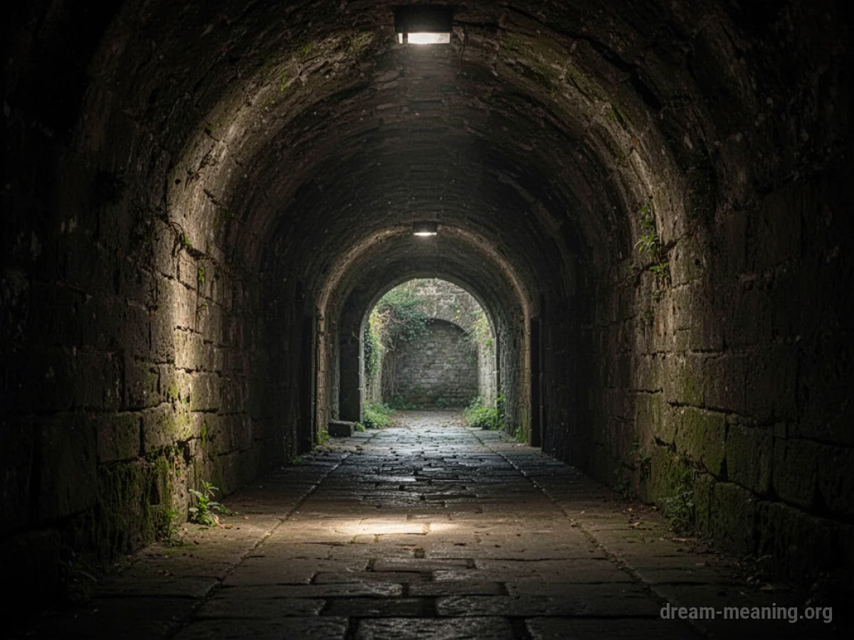 An ancient stone corridor with an opening at the far end.