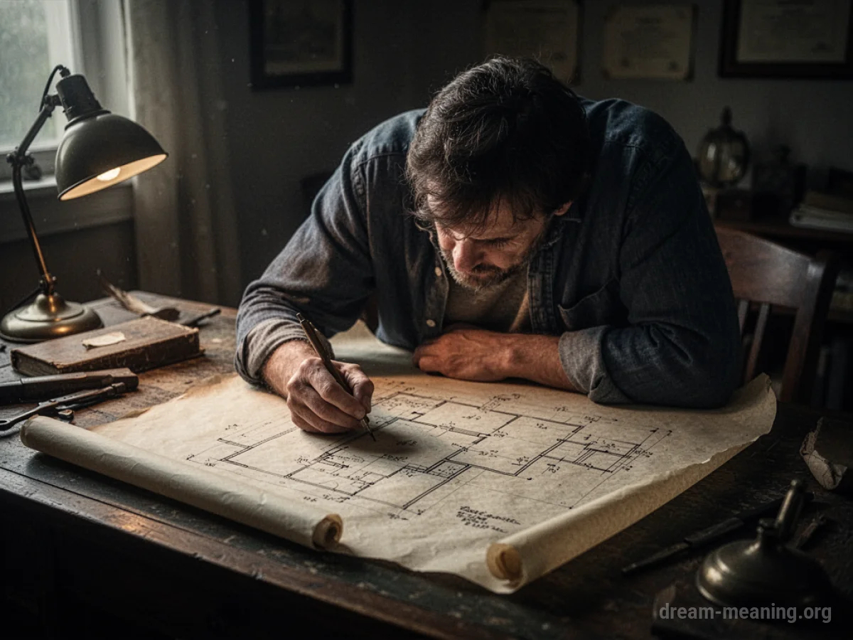 A person sketching a blueprint on parchment in a dimly lit room.