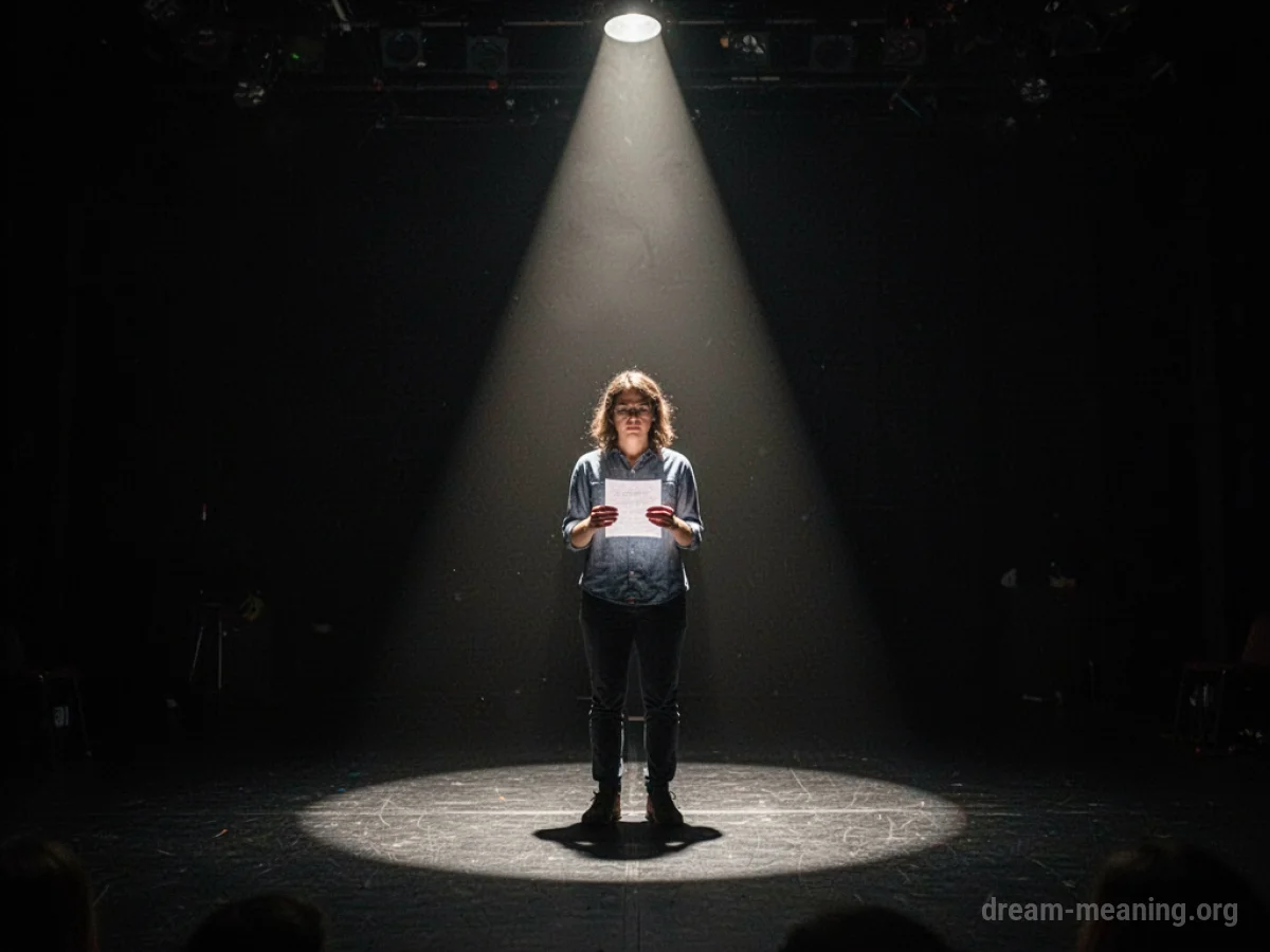 A person stands alone in a spotlight on a dark stage, holding a paper.