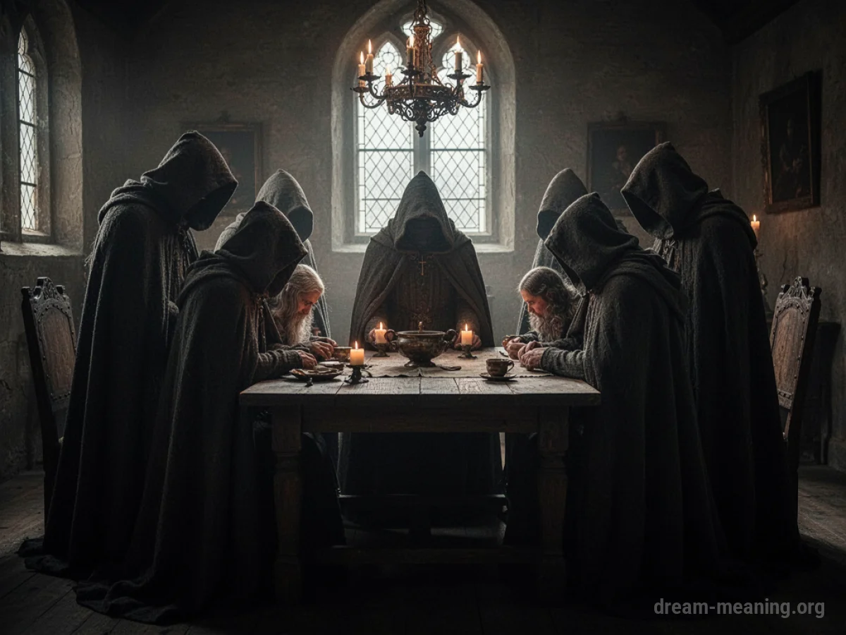 Silhouettes of people in cloaks around a table in a dark room.