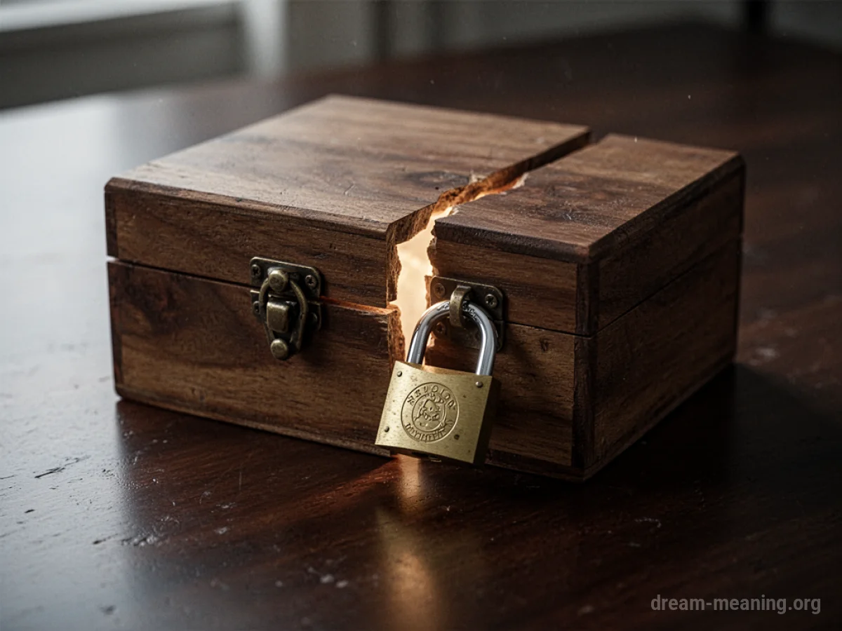 A wooden box with a slightly open padlock.