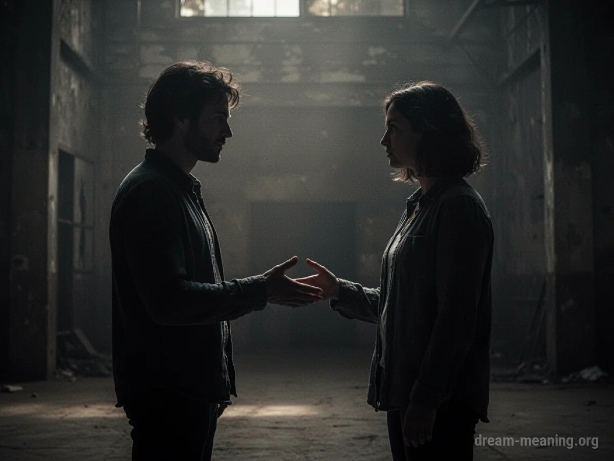 Two indistinct figures facing each other in a shadowy environment.