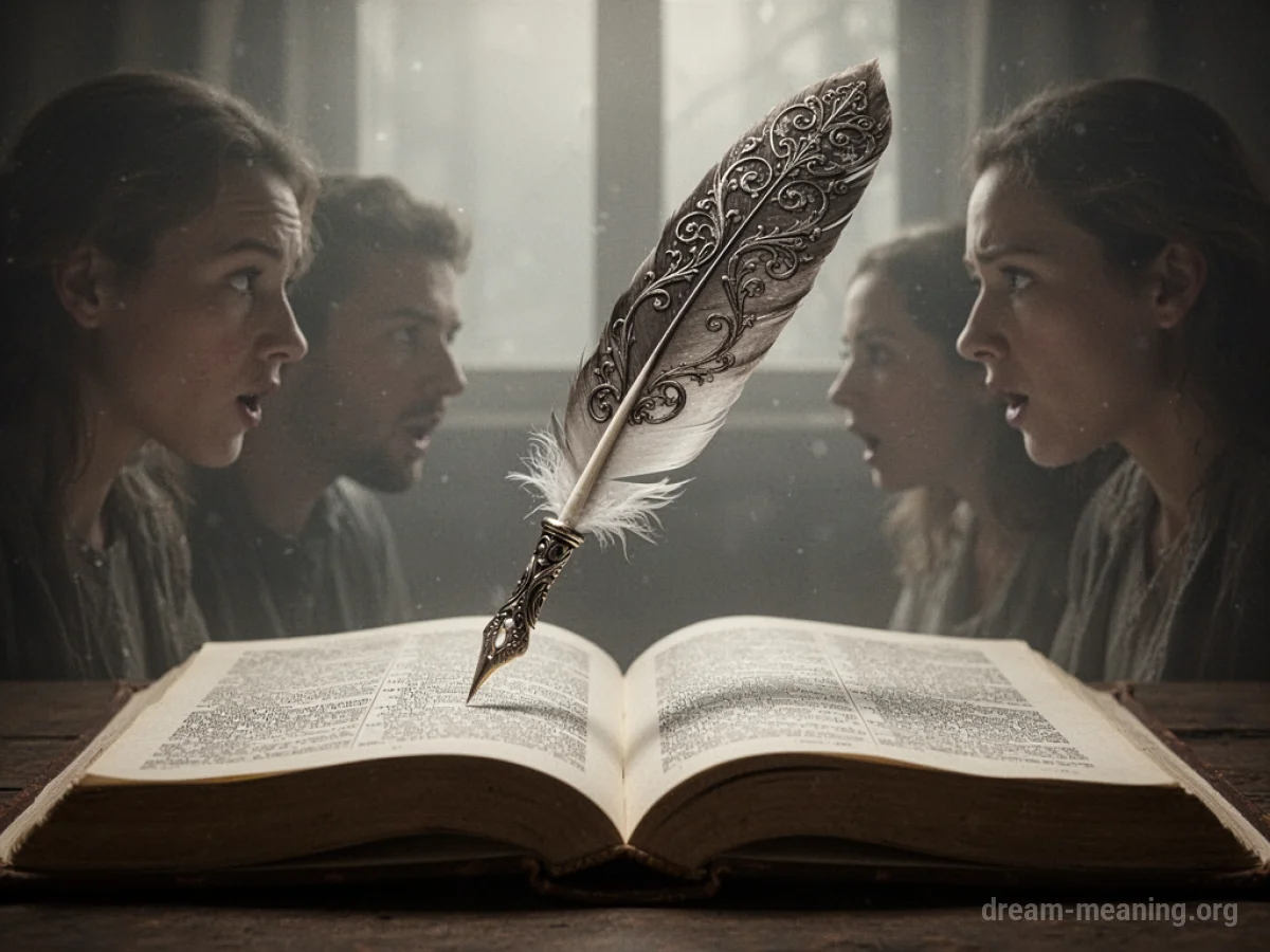 An ornate quill pen floats above an open book with indistinct shadowy figures nearby.