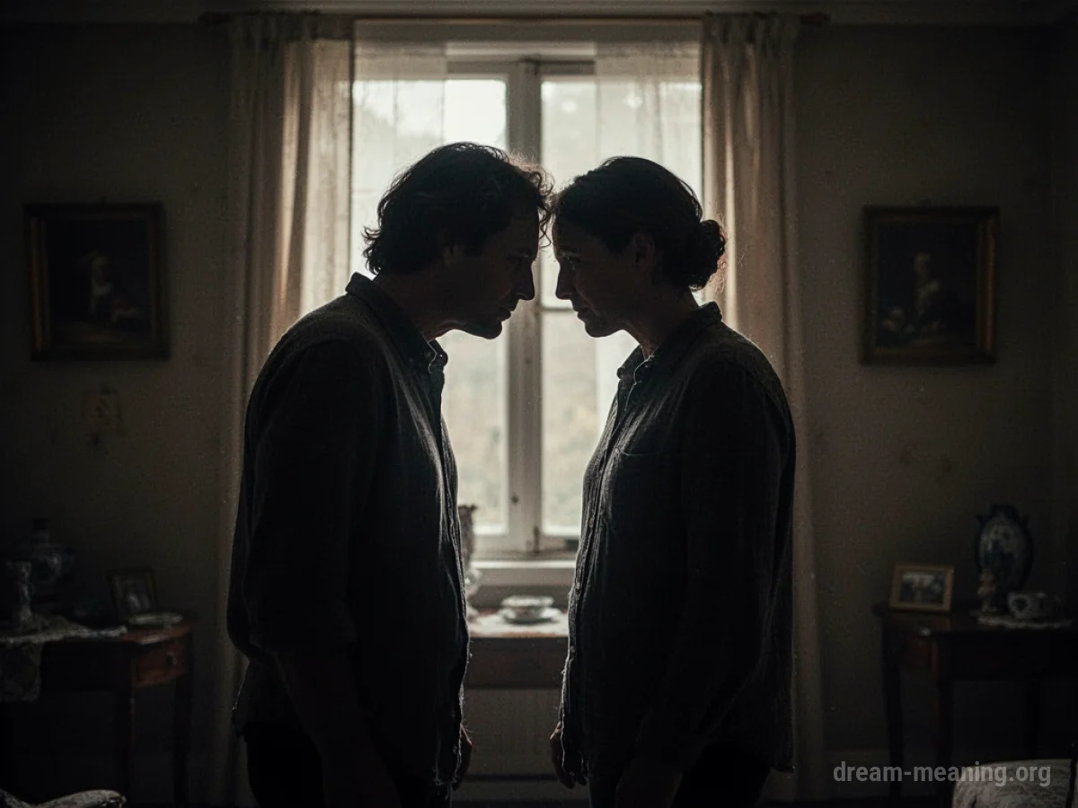 Silhouettes of two people in close proximity in a dimly lit space.