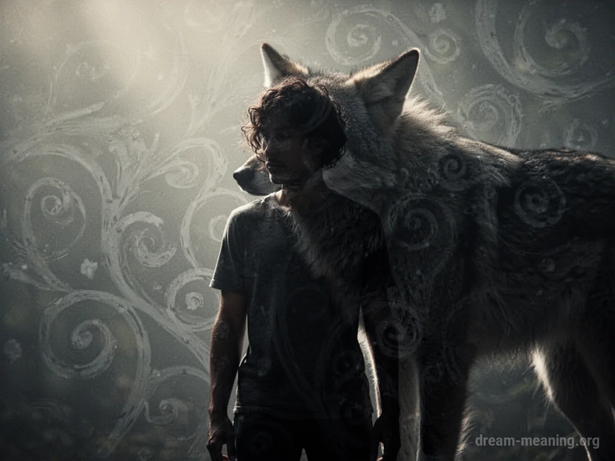 Silhouette of a person near a large animal's shadow.