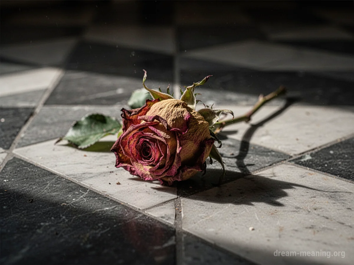 A wilting rose lies on a patterned floor.