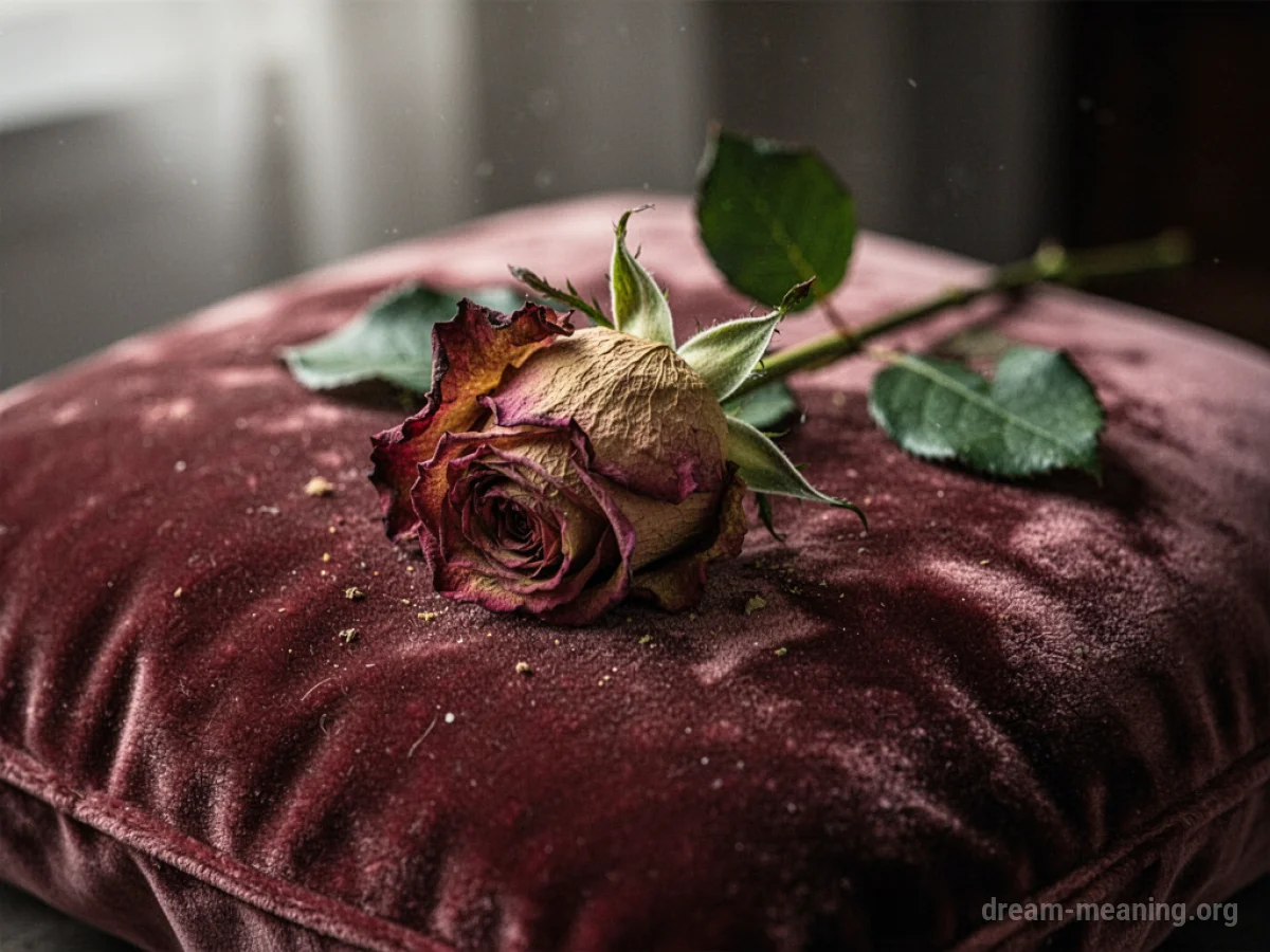 A wilting rose lies on a velvet cushion.